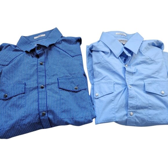 Lot of 2 Express Pearl Shirt Mens XL Blue Fitted Long Sleeve Button Up - Picture 1 of 9